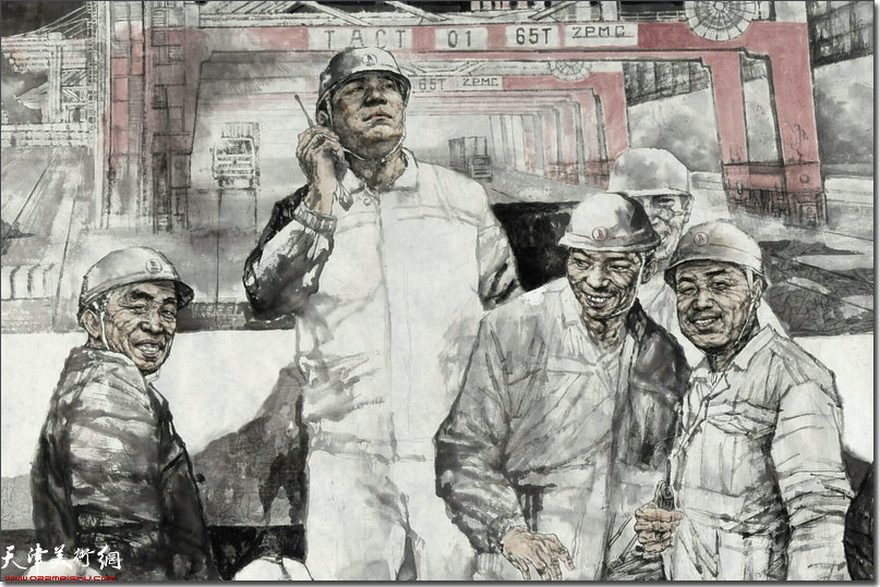 王春涛中国画作品：《新港腾跃》 （局部）