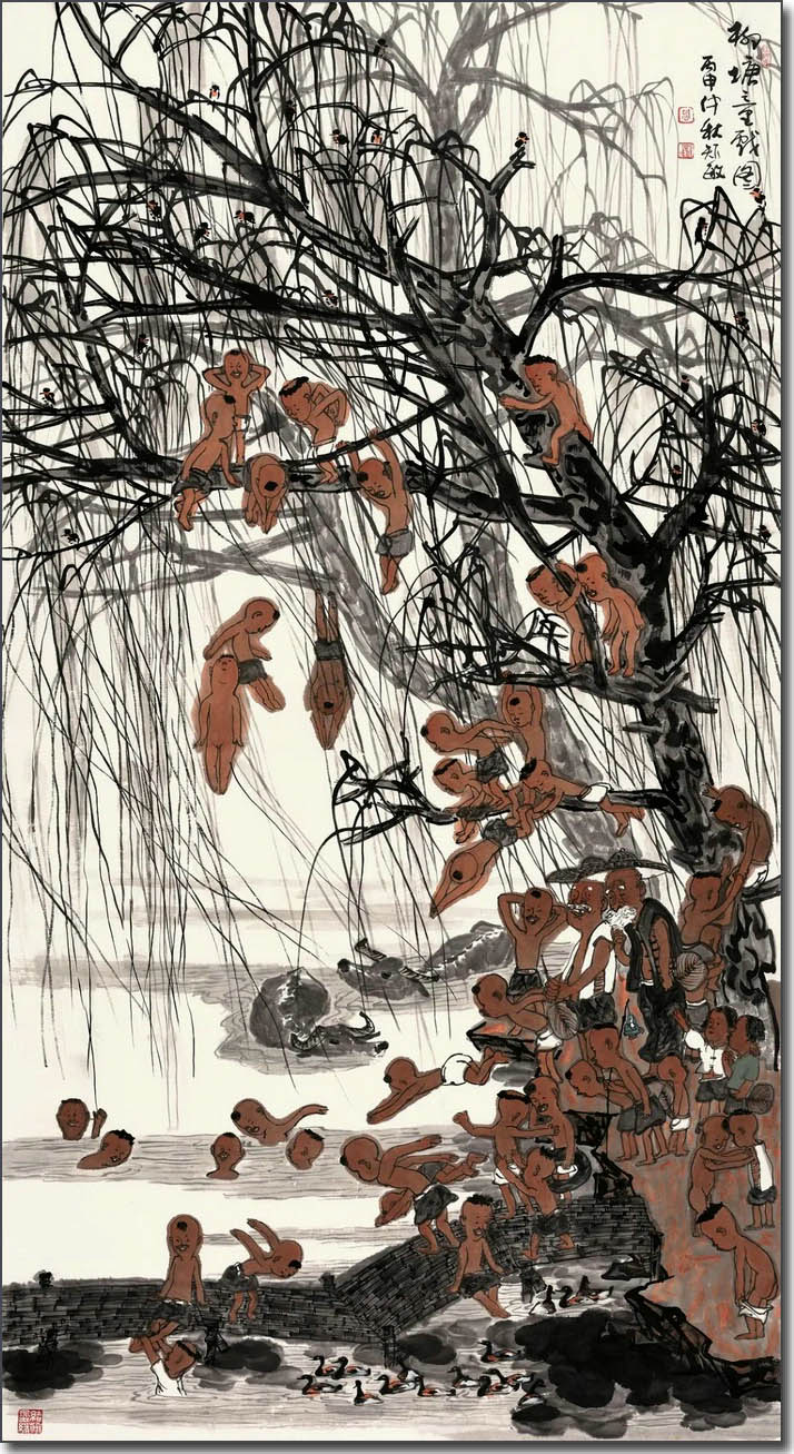 《柳塘童戏图》-180cm×97cm- 周矩敏，中国美术家协会会员、江苏省中国画学会副会长