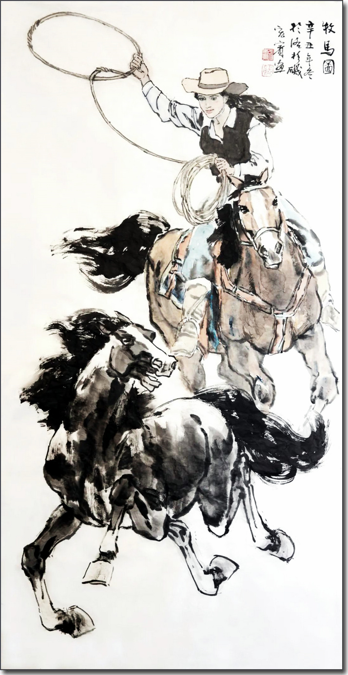《牧马图》-138cm×70cm- 张宏宾，旅美画家，中国画学会荣誉会长