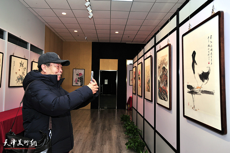 贾春明在画展现场观赏展品。