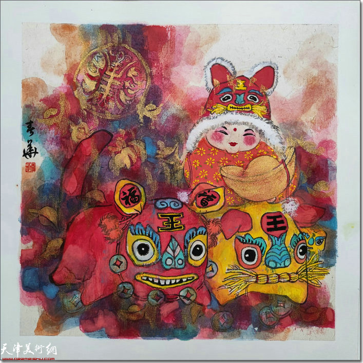 周春华作品：《虎娃迎春》 中国画 33cm×33cm