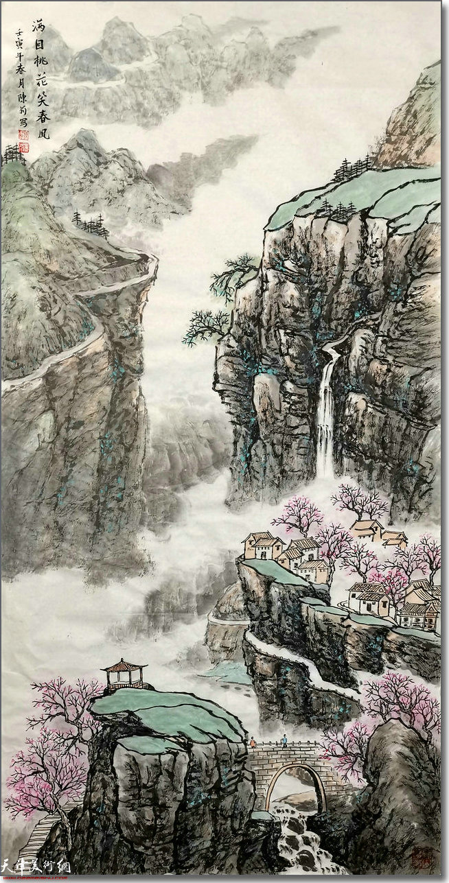 陈莉作品：《满目桃花笑春风》138x69cm