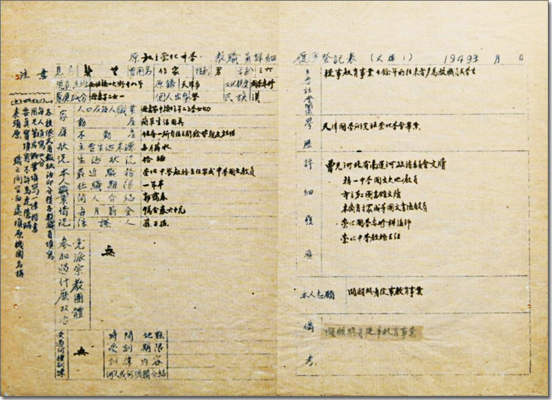 1949年龚望先生填写的《原私立崇化中学教职员履历登记表》