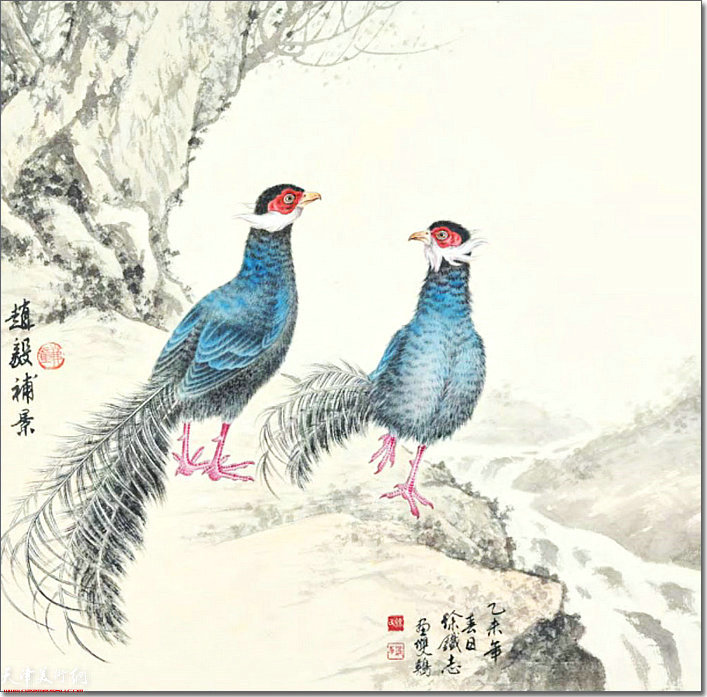 徐铁志作品：《蓝马双鸡》