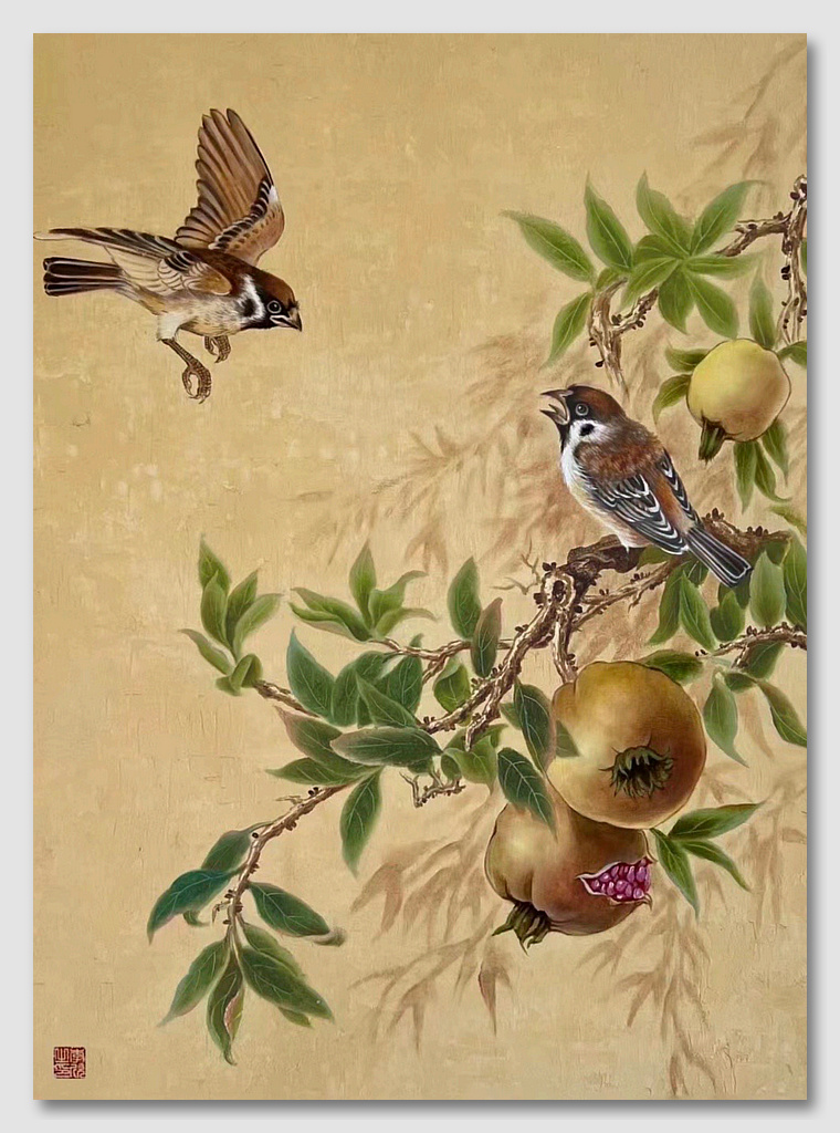 李欣作品：《榴开雀聚图》 新工笔  50*60cm